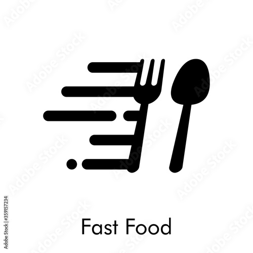 Concepto restaurante. Icono plano texto Fast Food con cubiertos con líneas de velocidad en color negro