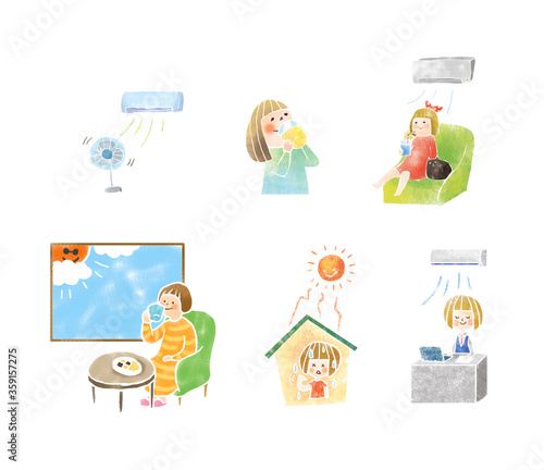 夏の暑さ対策する女性のイラスト