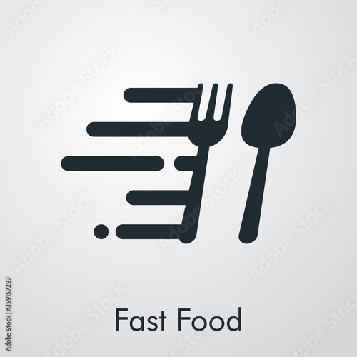 Concepto restaurante. Icono plano texto Fast Food con cubiertos con líneas de velocidad en fondo gris