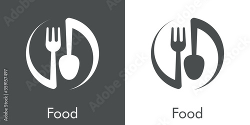 Concepto restaurante. Icono plano cubiertos en círculo girando en fondo gris y fondo blanco