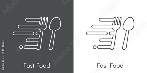 Concepto restaurante. Icono plano lineal texto Fast Food con cubiertos con líneas de velocidad en fondo gris y fondo blanco