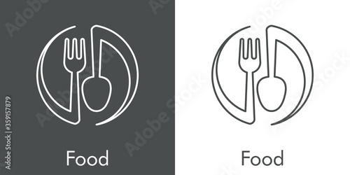 Concepto restaurante. Icono plano lineal cubiertos en círculo girando en fondo gris y fondo blanco