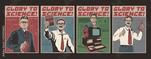 Obraz na płótnie Glory to Science, Retro Science Propaganda Placards Stylization, Maths, Physics,