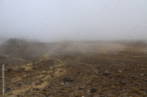 Lande rocheuse sous la brume, parc Tongariro, Nouvelle Zélande