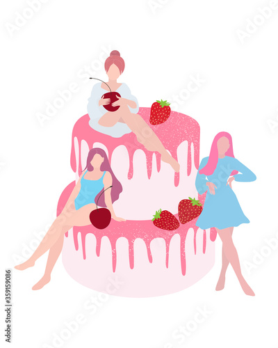 Girls party. Women's Day. Girls on the background of the cake.