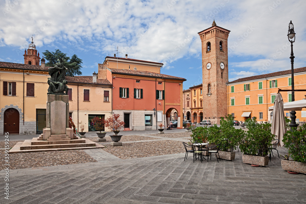 Bagnacavallo, Ravenna, Emilia-Romagna, Italy: the town's main square with the ancient tower of the thirteenth century