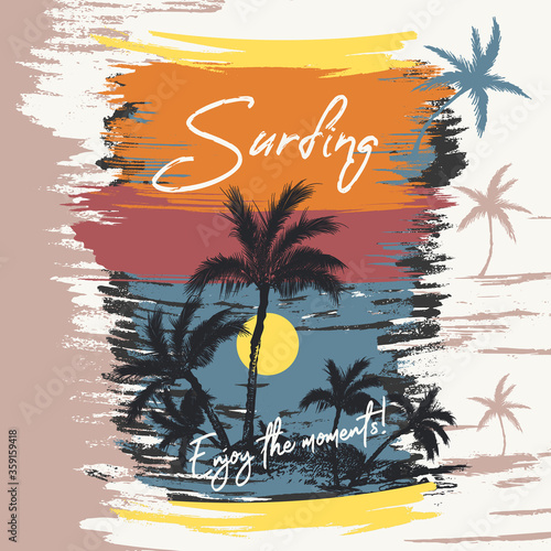 Fashion vector illustration beach, palms, sea, sunset and surfing. Enjoy the ...