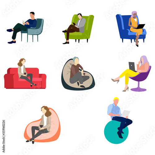 People woman man siitting on chair and armchair