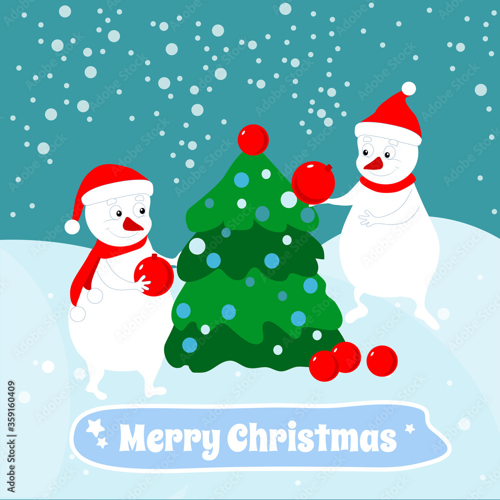 Cartoon snowmen decorate the Christmas tree. Christmas and New Year vector illustration. Design for greeting cards, images.
