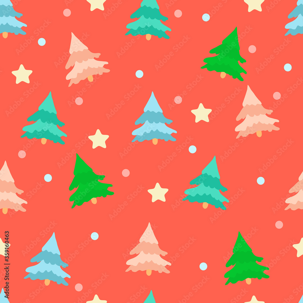 A lot of multi-colored fir trees on a coral background. Seamless pattern for textiles, wrappers, backgrounds. Vector stock illustration in cartoon style. A lot of multi-colored fir trees on a coral background. Seamless pattern for textiles, wrappers, backgrounds. Vector stock illustration in cartoon style.