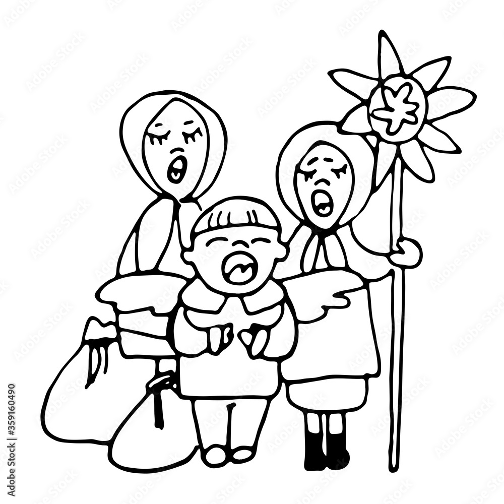 Children a boy in an angel costume and two girls sing a Christmas carol or generosity song. Ukrainian traditions of the celebration of winter holidays. Hand-drawn vector doodle sketch. Children a boy in an angel costume and two girls sing a Christmas carol or generosity song. Ukrainian traditions of the celebration of winter holidays. Hand-drawn vector doodle sketch.