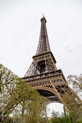 View at Eiffel Tower in Paris with trees in the foreground