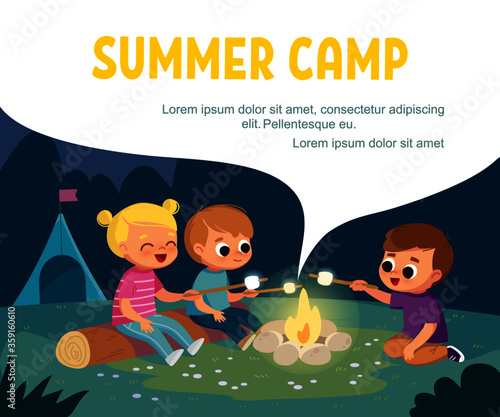 Group of kids sitting by fireplace in summer camp. Summer landscape.