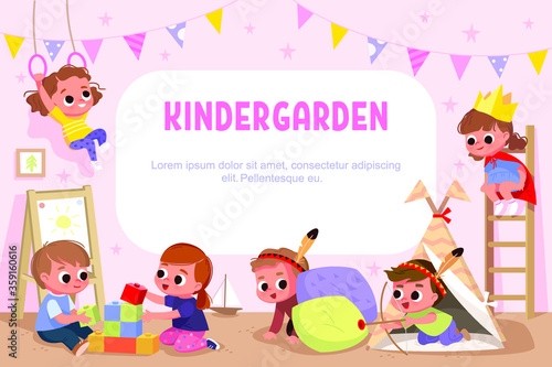 Kids play together in kinder garden. Boys playing Indians. Children playing designer cubes, developmental constructor. Kinder garden illustration vector.