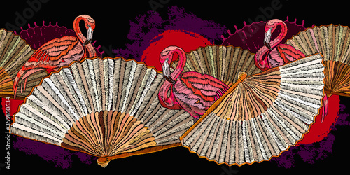 Pink flamingo and colorful japan fan. Asian horizontal seamless pattern.  Fashion oriental art. Japanese and Chinese ethnic style