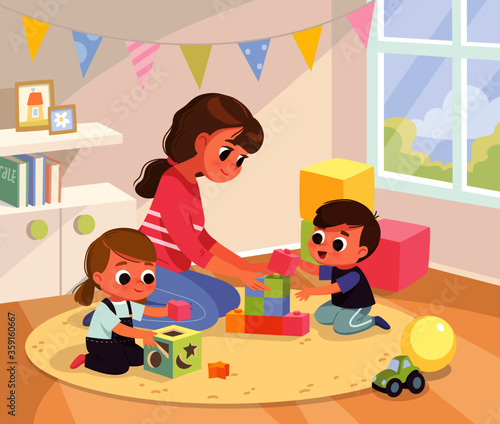 Mother playing with kids at home. Children bedroom interior. Staying at home.