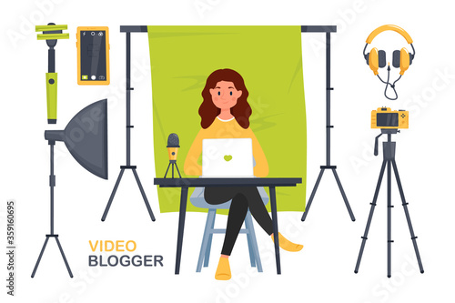 Video Blogger set. Cute girl and different equipment for making video for blog, vlog review or online streaming. Vector cartoon illustration.