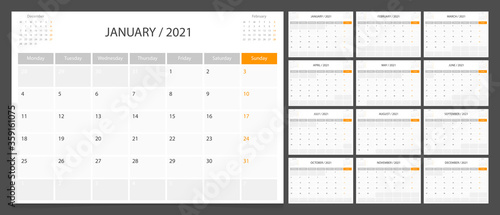 Calendar 2021 week start Monday corporate design planner template.