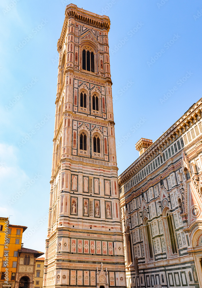 Giotto’s Campanile, a free-standing campanile, part of the complex of buildings that make up Florence Cathedral on the Piazza del Duomo in Florence, Italy.