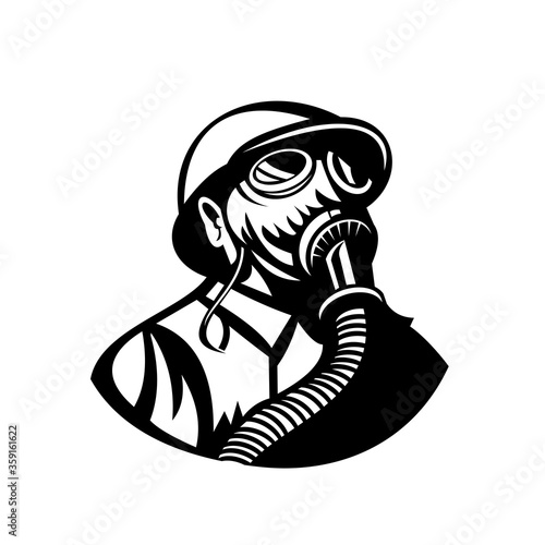 Gasman Wearing a Hardhat and Gas Mask Looking Up Retro Black and White