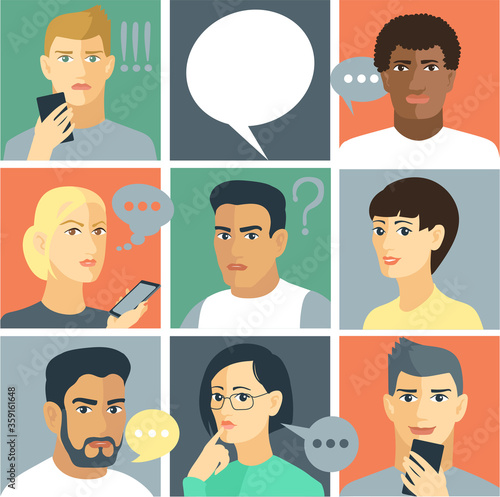 Vector illustration. Square dialog boxes with avatars of men and women who discuss social networks, news. Communication concept. With chat speech bubbles.