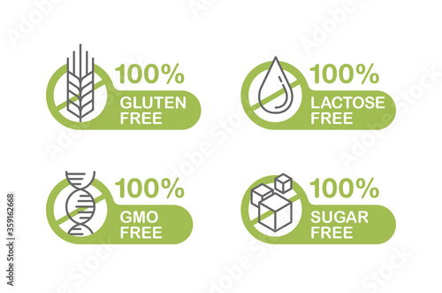 Sugar free, Gluten free, Lactose free, GMO free stamp - food packaging  decoration element for healthy natural organic nutrition photo