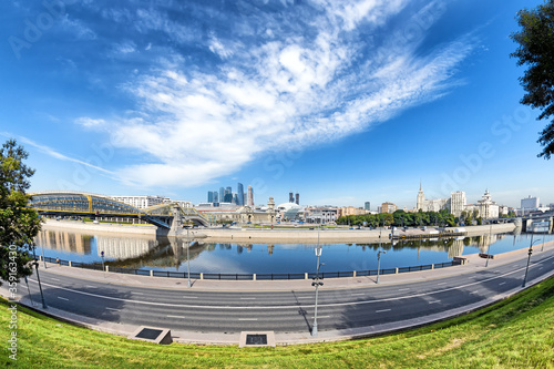 wide moscow city skyline panorama landmark with historical kievskaya train station building and city downtown financial business district skyscrapers on background panoramic landscape street view photo