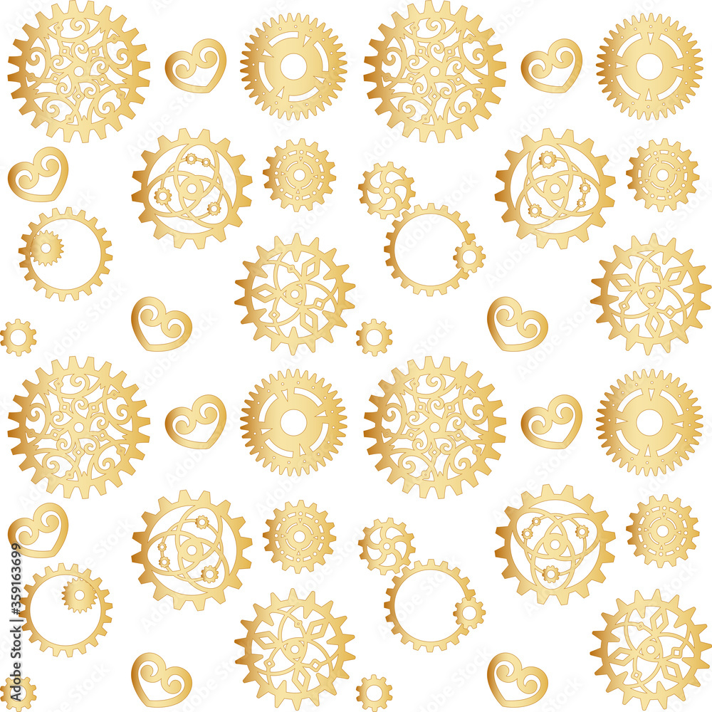 Golden openwork gears on a white. Mechanism, steampunk, retro. Vector seamless pattern for wallpaper, wrapping paper, packaging, website, printing on fabric, textile, clothes and bags. Design template Golden openwork gears on a white. Mechanism, steampunk, retro. Vector seamless pattern for wallpaper, wrapping paper, packaging, website, printing on fabric, textile, clothes and bags. Design template
