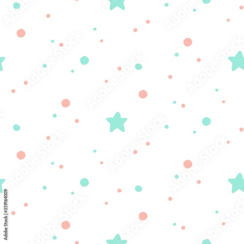 Seamless pattern with stars and dots on white background. Vector illustration.