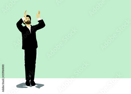 Vector drawing of a chassid. Religious orthodox Jew. Torah observant and commandments. Praying, crying, sighing, begging,
The figure is wearing a hat, and a black suit, with tassels on both sides.