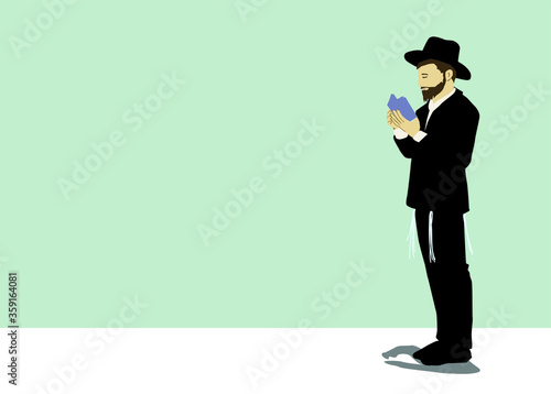 Vector drawing of a chassid. Religious orthodox Jew. Torah observant and commandments. Praying, crying, sighing, begging,
The figure is wearing a hat, and a black suit, with tassels on both sides.