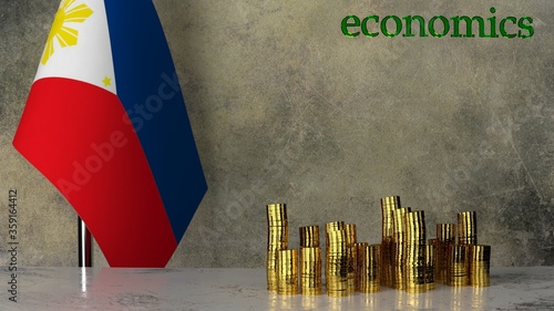 Piles of gold coins on a marble table against the background of the flag of Philippines. 3D rendering