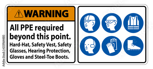 Warning PPE Required Beyond This Point. Hard Hat, Safety Vest, Safety Glasses, Hearing Protection