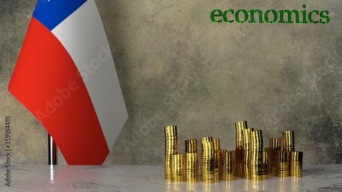 Piles of gold coins on a marble table against the background of the flag of Chile 3D rendering