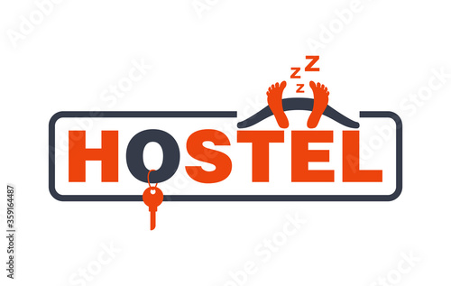 Hostel logo - sign with bedroom key and sleeping character with snoring zzz sound - cute humorous hotel sign 