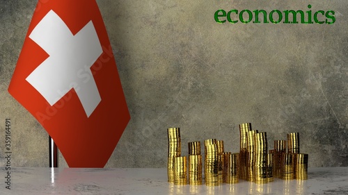 Piles of gold coins on a marble table against the background of the flag of Switzerland. 3D rendering