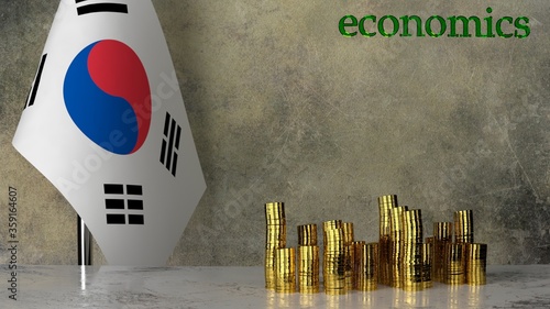 Piles of gold coins on a marble table against the background of the flag of South Korea. 3D rendering
