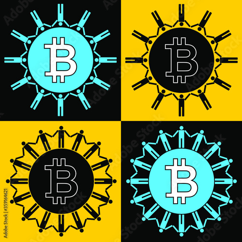 Illustration of decentralized people get connected by standing hand in hand globally. Fit for bitcoin and cryptocurrency-related content, product, service, etc.