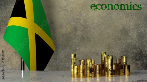 Piles of gold coins on a marble table against the background of the flag of Jamaica. 3D rendering