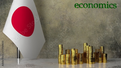 Piles of gold coins on a marble table against the background of the flag of Japan. 3D rendering