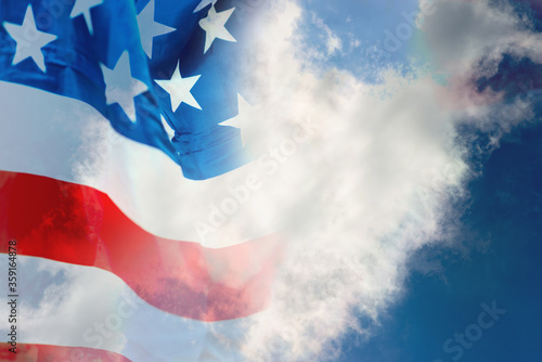 Photography Double exposure USA flag on white clouds and blue sky background for 4 july inde