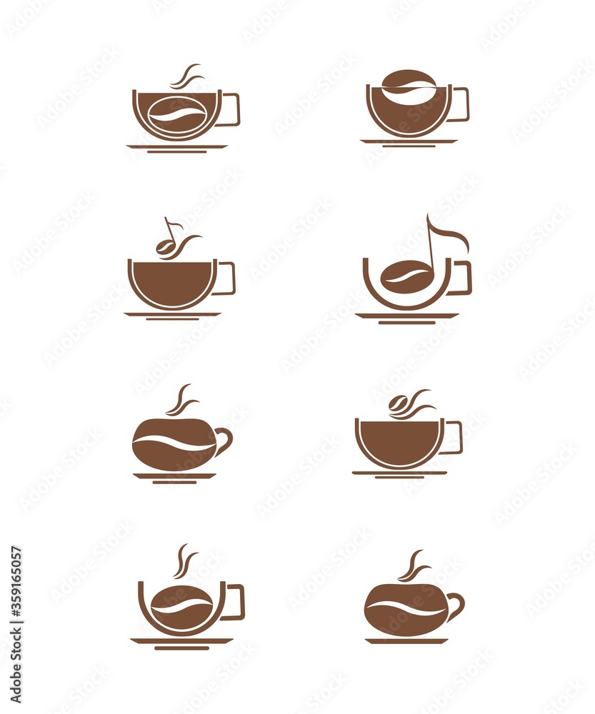 Obraz premium Set of stylized, coffee cups. Silhouette image on a white background. Design element. Vector graphics.