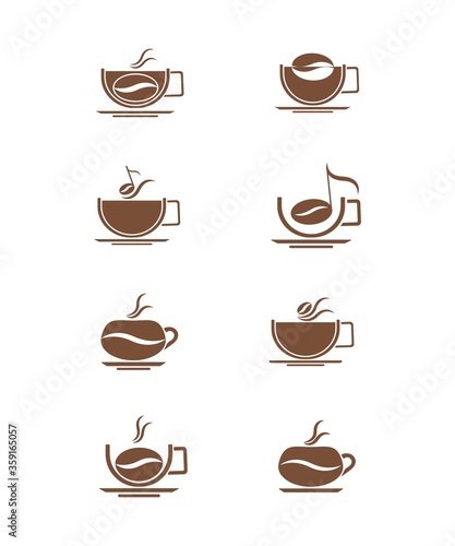  Set of stylized  coffee cups. Silhouette image on a white background. Design element. Vector graphics.