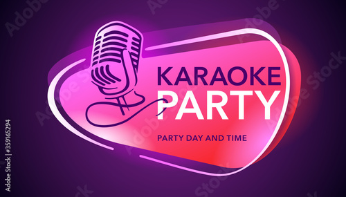 Karaoke Party flyer, banner or poster template - microphone silhouette and sample text on dark neon glowing background