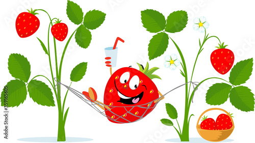 Strawbery Character Rest in Hammock, Drink Juice - Vector Cartoon Illustration Flat Design