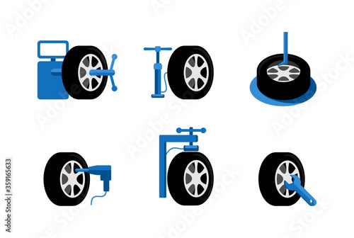 Tire fitting services and equipment - icons set for car fixing maintenance station