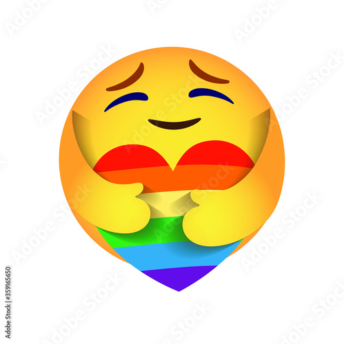 LGBT community symbol. Emoji, Emoticon vector, Round Yellow cartoon hugging heart love design LGBTQ+ related symbol in rainbow color. Gay Pride. Homosexual Community Pride Month. Hugging heart. Care