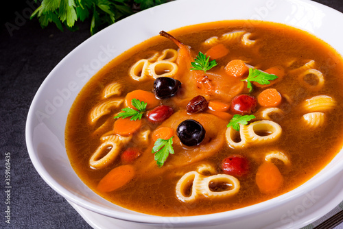 Czerninaa with noodles is a traditional Polish soup photo