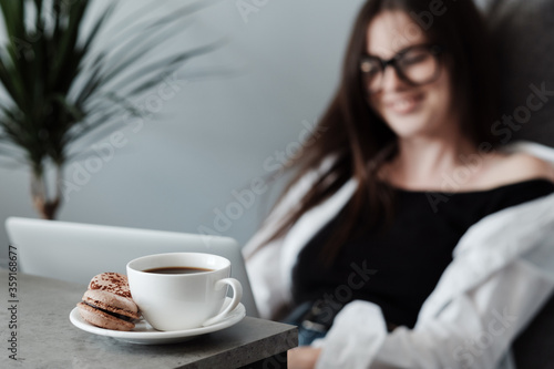 Young Adult Girl Working at Laptop from Home  Concept of Remote Work  Freelance