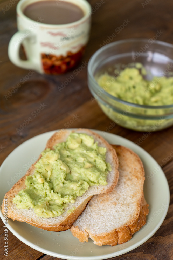 Tasty toasts with avocado and a cup of coffee for breakfast on plate on brown wooden table. Vertical. Close-up Tasty toasts with avocado and a cup of coffee for breakfast on plate on brown wooden table. Vertical. Close-up